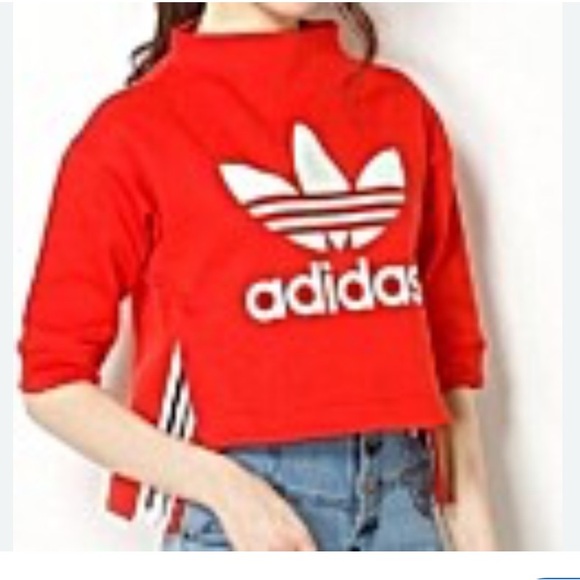 ADIDAS ORIGINAL Mock Neck 3/4 Sleeve Crop Sweatshirt Core Red Size XS - Picture 13 of 14